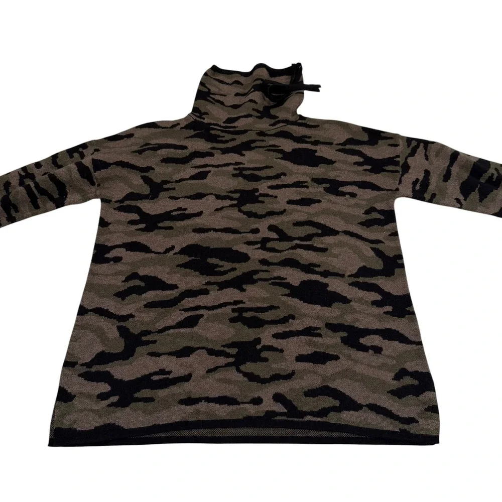 Rachel Zoe Womens Camo Knit Funnel Neck Drawstring Sweater Olive Black Medium - Picture 3 of 6